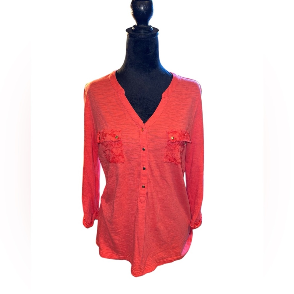 By Chicos coral peach orange pull over sheer top w/lace accents V-neck feminine